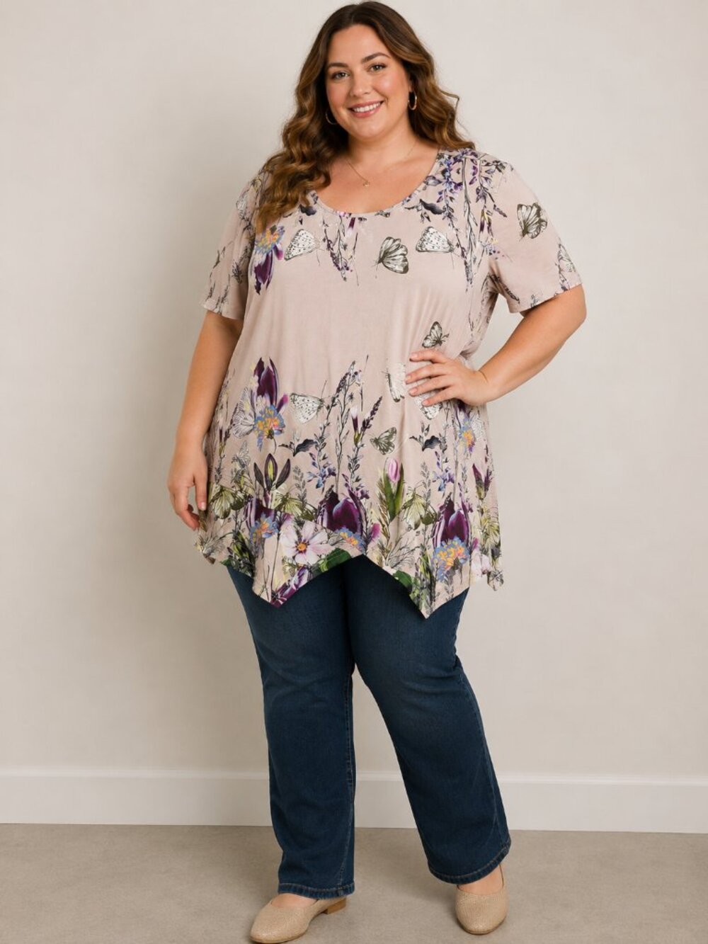 Floral Butterfly Print Tunic Top 3XL Beige Pink Purple Short Sleeve Stretch